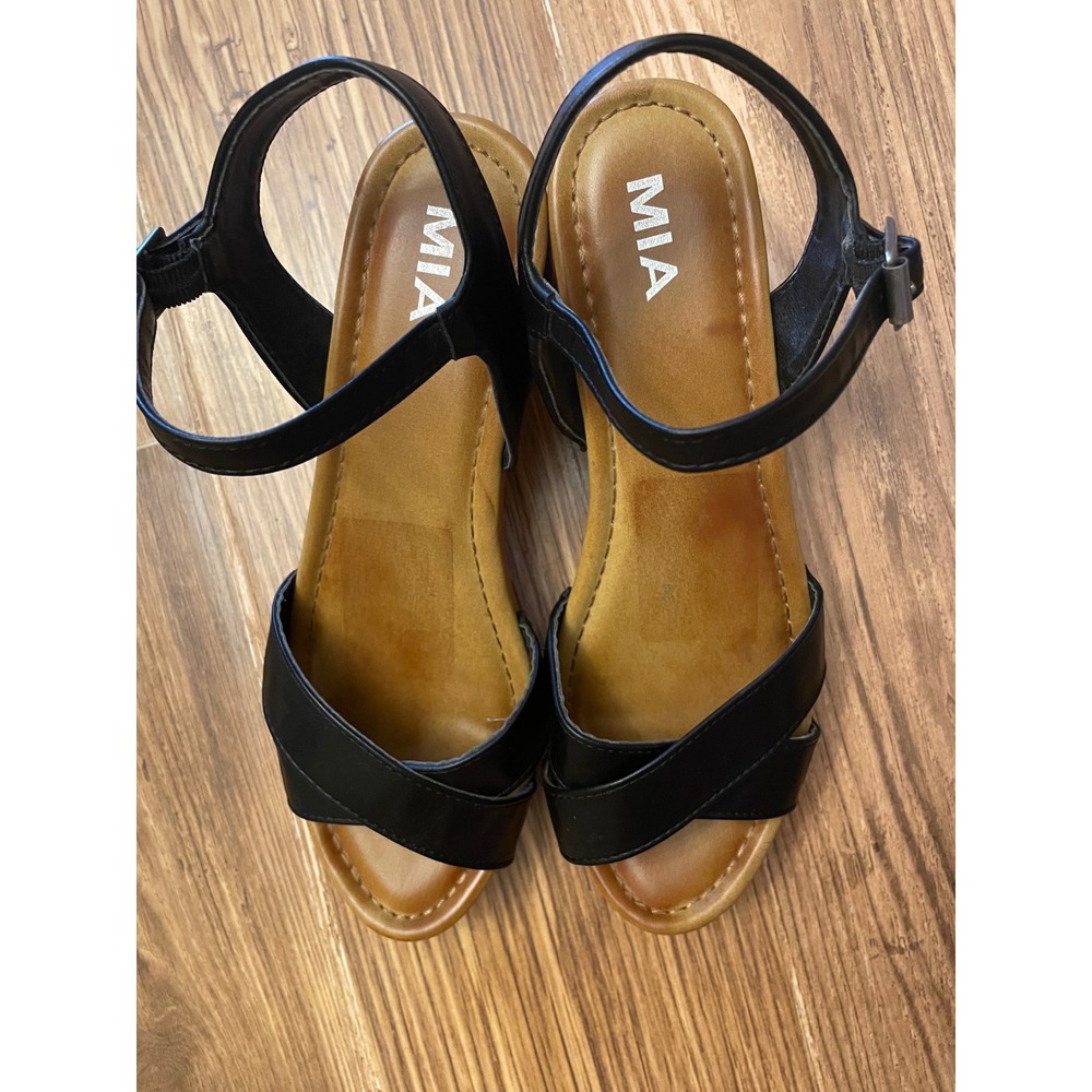 MIA Women Black Strappy Wooden Block Heel‎ Platform Sandals Clogs Size 9